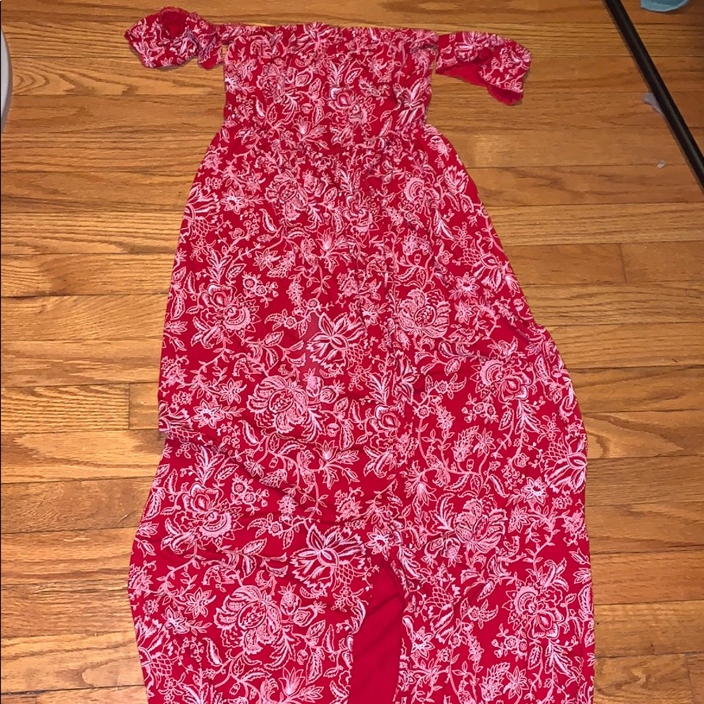 Red floral off the shoulder maxi dress